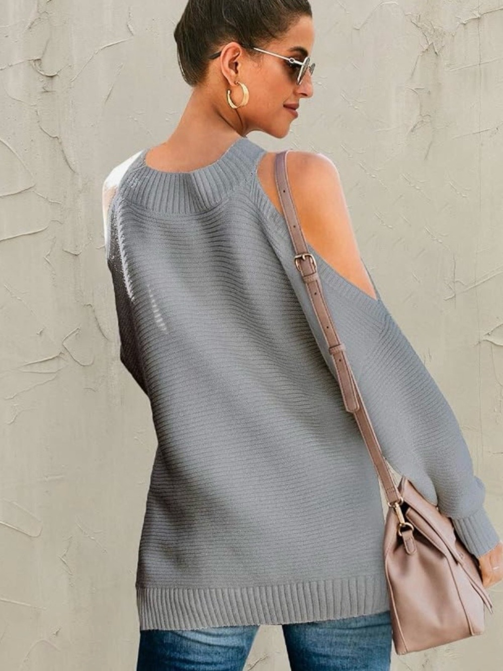 Cold-Shoulder Ribbed Knit Sweater - Gray - Picture 2 of 6
